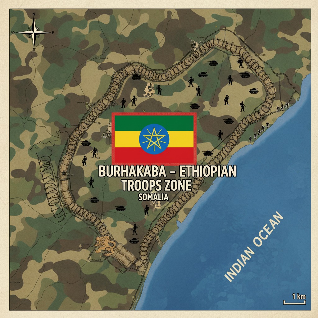 A tactical map shows a fenced-in military zone in Somalia occupied by Ethiopian troops, marked with icons of soldiers and tanks.