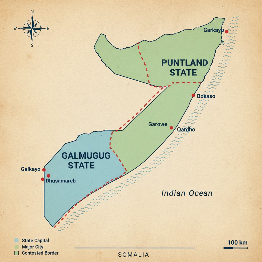 A map of Somalia highlighting the Puntland and Galmudug states with their major cities and contested borders.